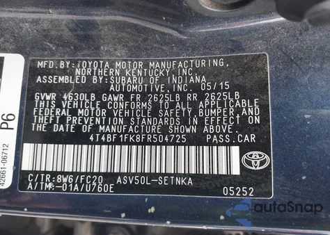 2015 Toyota Camry Le z USA, uszkodzony, nr VIN 4T4BF1FK8FR504725